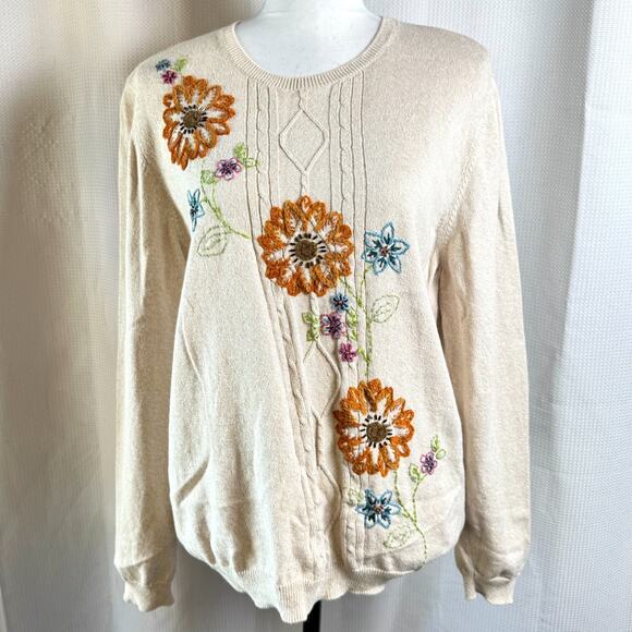 Alfred Dunner Embroidered Beaded Beige Fall Floral Cable Knit Womens XL Sweater - Picture 1 of 8
